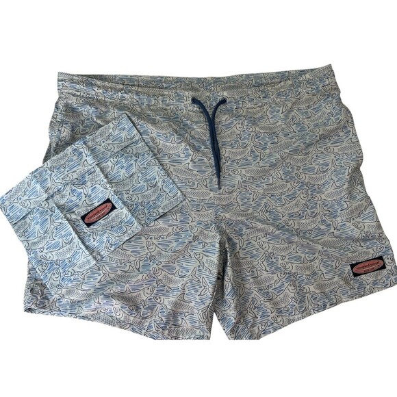 Vineyard Vines Blue Fish Swim Trunks Men's Size Large Logo Tie Waist - Picture 2 of 8